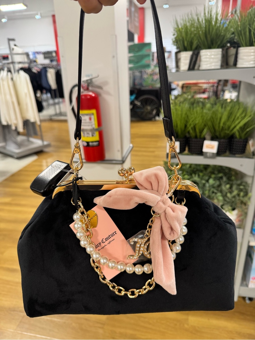 Juicy Couture kisslock Black Velvet Satchel with Pink Bow & Pearl Chain Charm